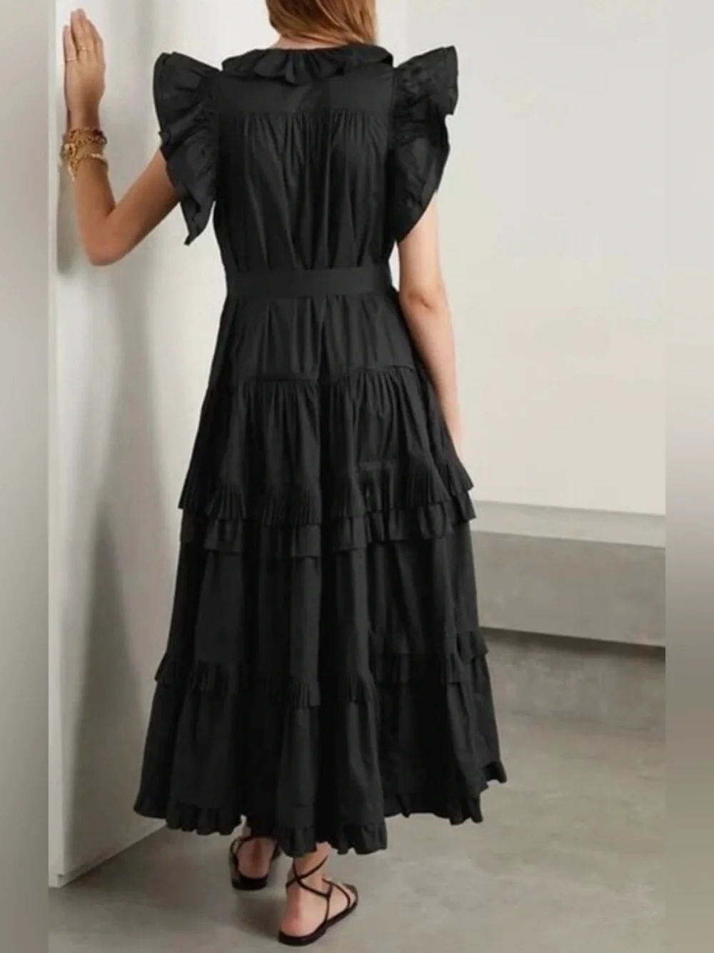 NWOT Ulla Johnson Elsie Dress Black Tiered Ruffle Cotton Poplin Midi Dress 6 - Picture 4 of 10